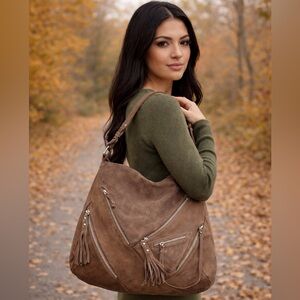 THE TREND BOHO SUEDE taupe color Leather Women's Bag hobo big tote